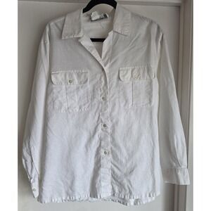 VTG Vittadini Sport Women's Linen Blend Button-Down Shirt M White Top Breathable